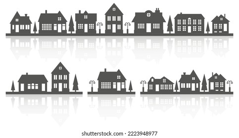 Silhouette de casas en el horizonte. El paisaje de los barrios suburbanos. Casas de campo con reflexión. Ilustración vectorial de glifo