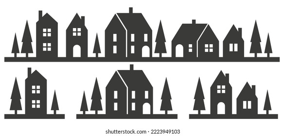 Silhouette of houses on the skyline. Suburban neighborhood landscape. Countryside cottage homes. Glyph vector illustration