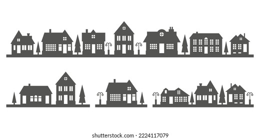 Silhouette de casas en el horizonte. El paisaje de los barrios suburbanos. Casas rurales. Ilustración vectorial de glifo