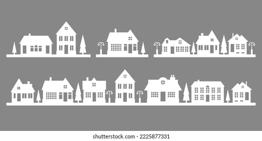 Silhouette of houses on the skyline. Suburban neighborhood landscape. Countryside cottage homes. Glyph vector illustration