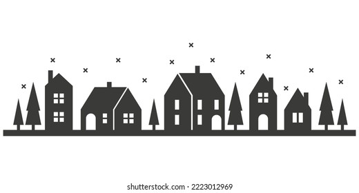 Silhouette de casas en el horizonte invernal. El paisaje de los barrios suburbanos con nevada. Casas rurales. Ilustración vectorial de glifo