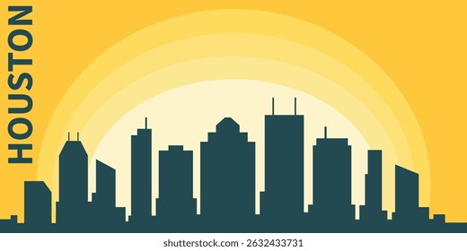 silhouette of the Houston skyline against the backdrop of the Big Yellow Sunset. The setting sun creates a gradient from bright yellow to orange.