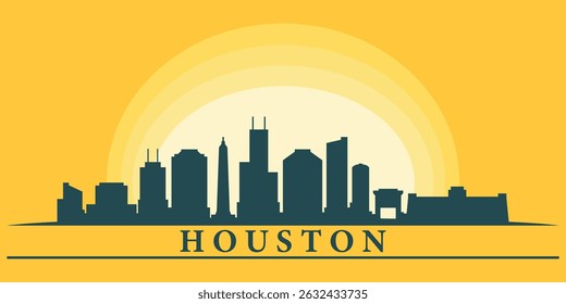 silhouette of the Houston skyline against the backdrop of the Big Yellow Sunset. The setting sun creates a gradient from bright yellow to orange.