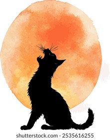  Silhouette of a Howling Black Mystical Cat With Whiskers Against a Vibrant Orange Watercolor Sun. Perfect for Mystical or Nature-themed Designs, Combining Simplicity and Artistic Warmth.