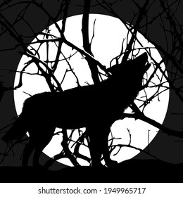 Silhouette of a howling wolf against the background of the moon in the forest. Vector illustration.