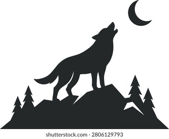 Silhouette of a howling wolf atop a rocky mountain under a crescent moon with pine trees
