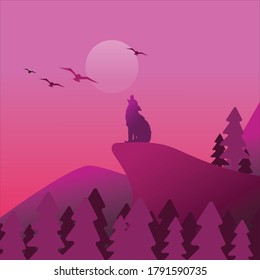 Silhouette of a howling wolf, bird, and pine tree on a pink-purple sunset background. The habits of a wild beast. Simple spectacular picture. Vector illustration