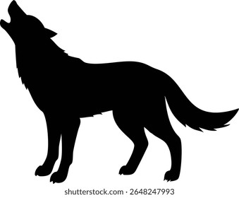 Silhueta de um lobo uivando na ilustração preta e branca contra um fundo limpo