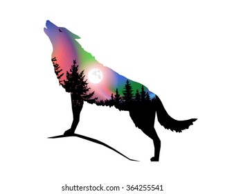 Silhouette of howling wolf with coniferous trees on the background of colorful sky. Moonlight. Northern lights. Eps 10.