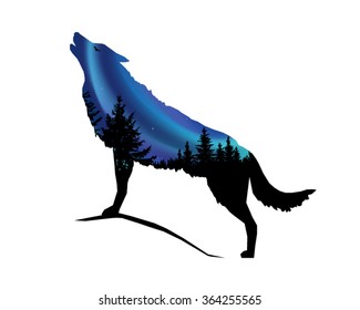 Silhouette of howling wolf with coniferous trees on the background of colorful sky. Aurora. Eps 10.
