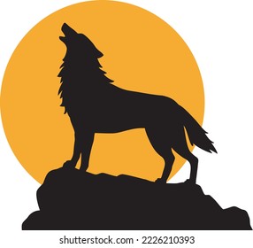 Silhouette of Howling Wolf and Full Moon. Vector Illustration.