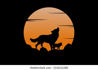 Silhouette of Howling Wolf with Golden Full Moon Illustration logo design