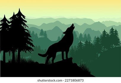 Silhouette: Howling wolf with mountain landscape