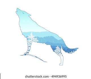 Silhouette of howling wolf with mountains  landscape and coniferous trees. Blue shades. Winter. Cold. Snowing.
