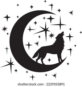 Silhouette of Howling Wolf, Night Moon and Stars (Crescent). Vector Illustration. svg