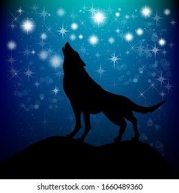 The silhouette of a howling wolf at night. Vector illustration