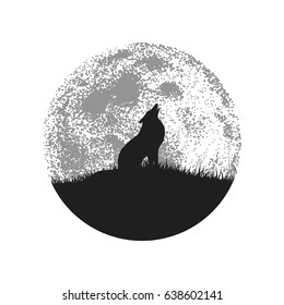 Silhouette des heulenden Wolfs auf Vollmond-Hintergrund.Vektorlogo.T-Shirt-Design