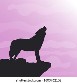 Silhouette of a howling wolf on a pink-purple sunset background. The habits of a wild beast. Simple spectacular picture.
Vector illustration
