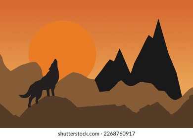 Silhouette of a howling wolf on rocks