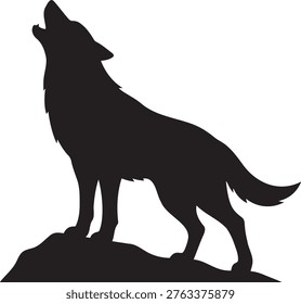 Silhouette of a howling wolf standing on a rock, symbolizing wilderness, night atmosphere, natural wildlife behavior, strong posture, and bold clean vector style design.