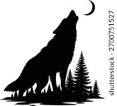 Silhouette of a Howling Wolf Under the Moonlit Night Sky, Nature Scene, Black and White Illustration