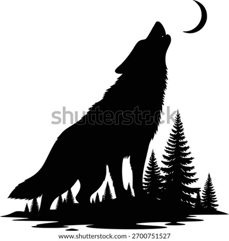Silhouette of a Howling Wolf Under the Moonlit Night Sky, Nature Scene, Black and White Illustration