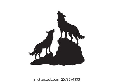 Silhouette of Howling Wolves on Rocks