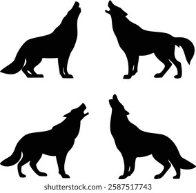 "Silhouette of Howling Wolves - Pack of Four Wolves in Black Silhouette Art.