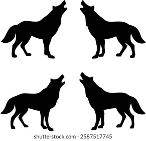 "Silhouette of Howling Wolves - Pack of Four Wolves in Black Silhouette Art.