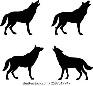 "Silhouette of Howling Wolves - Pack of Four Wolves in Black Silhouette Art.