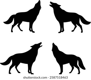 Silhouette of Howling Wolves in Symmetrical Pattern - Wildlife Vector Illustration.