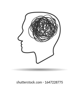 silhouette of huan head with tangled line inside, like brain. concept of chaotic thought process, confusion, personality disorder and depression.