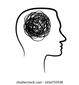 silhouette of huan head with tangled line inside, like brain. concept of chaotic thought process, confusion, personality disorder and depression.