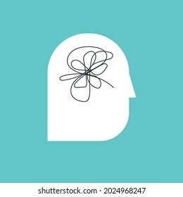 silhouette of huan head with tangled line inside, like brain. concept of chaotic thought process, confusion, personality disorder and depression.
