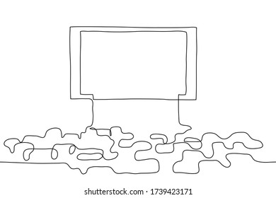 The silhouette of a huge cinema screen with machines in front of it. One continuous line drawing of a movie in drive in. Can be used for animation.