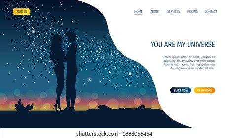 Silhouette of hugging couple in love at night. Stars and city lights on the horizon. Happy Valentine's day, Romantic, Love concept. Vector illustration for card, poster, banner, website.