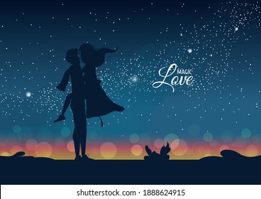 Silhouette of hugging couple in love  at night. Stars and city lights on the horizon. Happy Valentine's day. Romantic Vector illustration design for banner, website, poster, card.