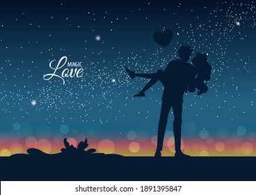 Silhouette of hugging couple in love  at night. Stars and city lights on the horizon. Happy Valentine's day. Romantic Vector illustration design for banner, website, poster, card.