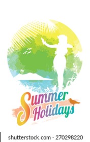 Silhouette of hula girl dancing on the beach with text summer holidays, vector