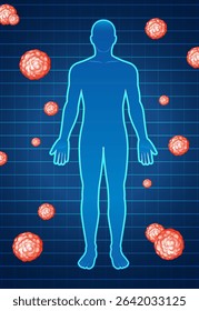 Silhouette of a human body surrounded by cancer cells on a grid background, highlighting medical and scientific themes