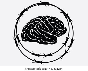 The silhouette of the human brain under barbed wire.Vector