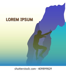 Silhouette of human climbing mountain vector illustration, successful concept with copy space