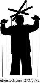 Silueta de humano controlado por cuerdas, concepto de manipulación.