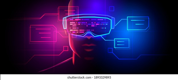 Silhouette of a human face in augmented or virtual reality glasses. Abstract digital interface on dark background. Vector illustration