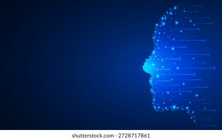 Silhueta do rosto humano feita de aglomerado estelar e números de código binário voador. Inteligência artificial, conceito de rede neural. Ilustração vetorial