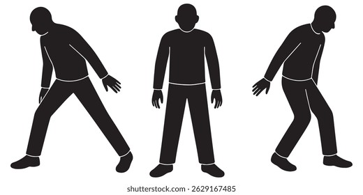 Silhouette human figures in different poses standing straight and bending forward design element