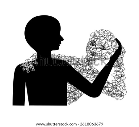 Silhouette of a human gently holding his shadow in line tangled in a mess, mental health concept.
