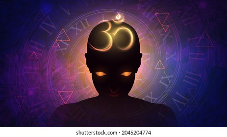 Silhouette of a human with a glowing Indian sign Om on his head on a spiral of time