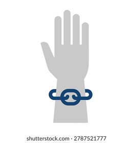 A silhouette of a human hand bound by a heavy metal chain, symbolizing captivity, slavery, restriction, legal consequences, struggle, and the fight for human rights.