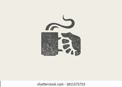 Silhouette of human hand carrying mug of hot beverage with steam in morning hand drawn stamp effect vector illustration. Vintage grunge texture for packaging and menu design or label decoration.
